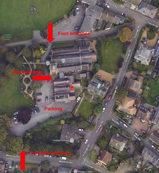 Satellite image of the community hall, annotated with labels for entrances.